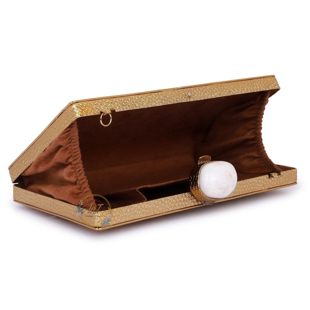 Brass Embellished Mother of Pearl Party Clutch Bag for Women