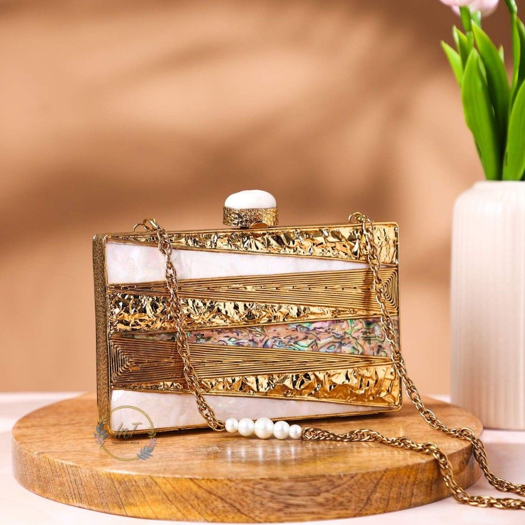 Brass Embellished Mother of Pearl Party Clutch Bag for Women