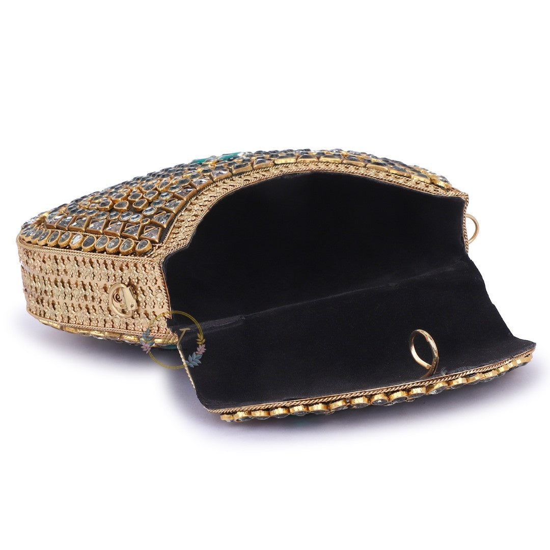 Kundan Golden Green Brass Clutch