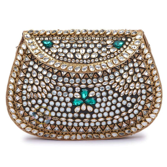 Kundan Golden Green Brass Clutch