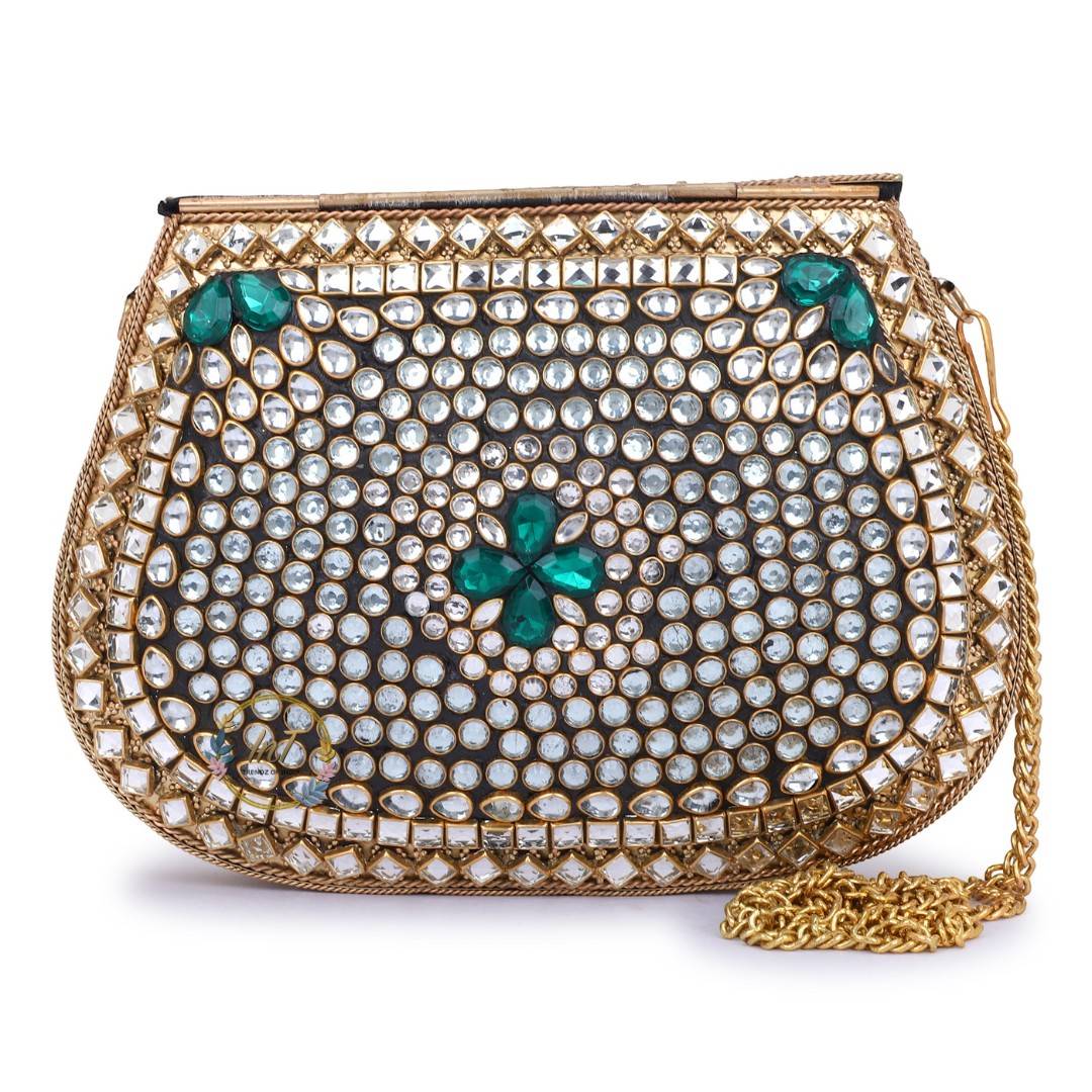 Kundan Golden Green Brass Clutch