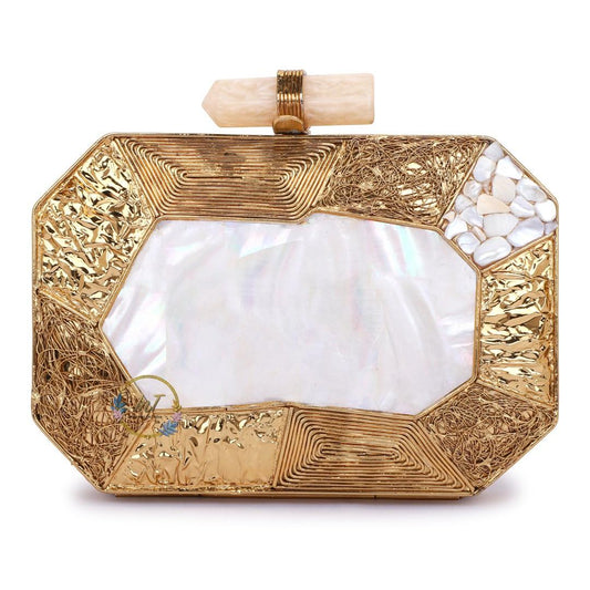 Brass Embellished Mother of Pearl Party Clutch Bag for Women