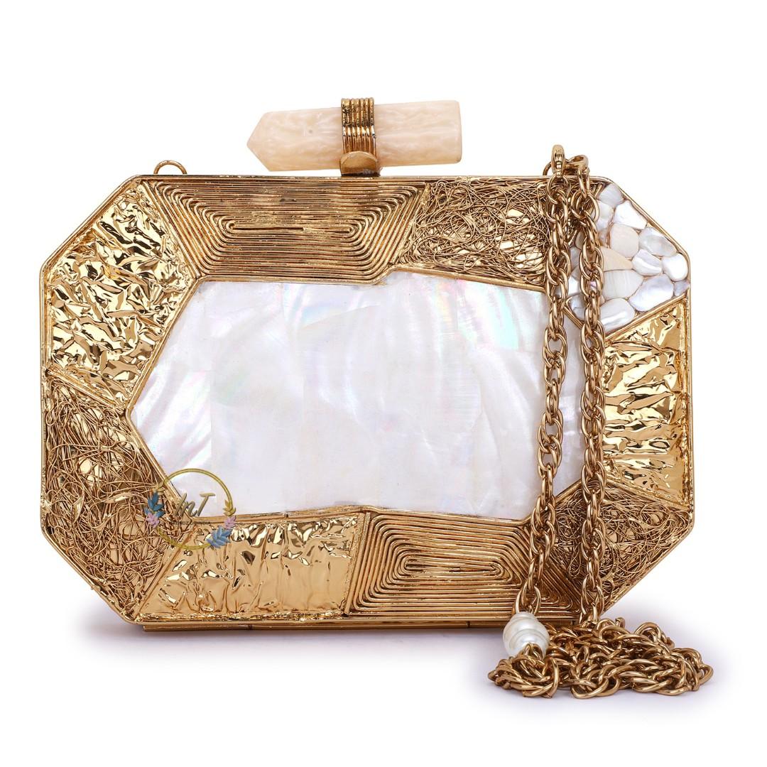 Brass Embellished Mother of Pearl Party Clutch Bag for Women