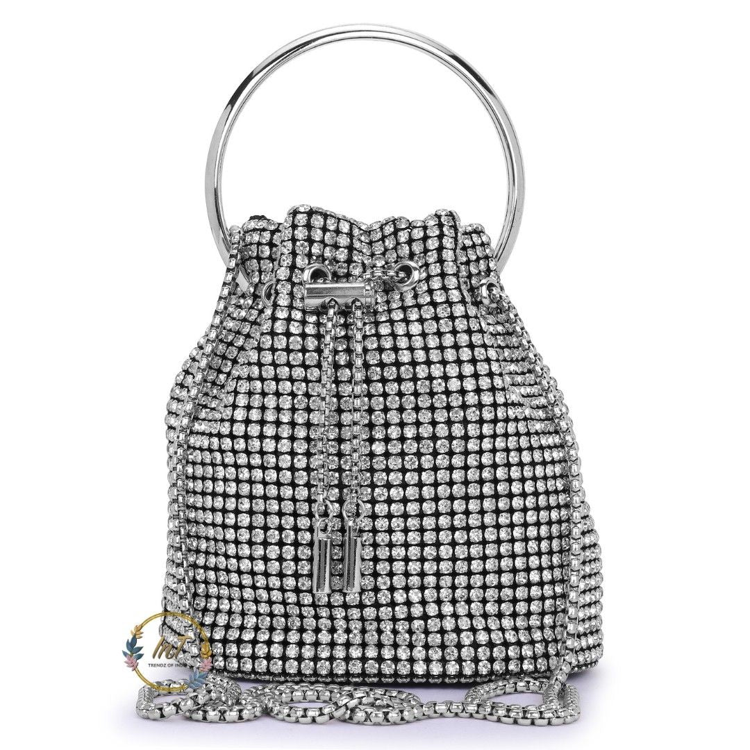 Silver Rhinestone Ring Handle Party Bag for Women