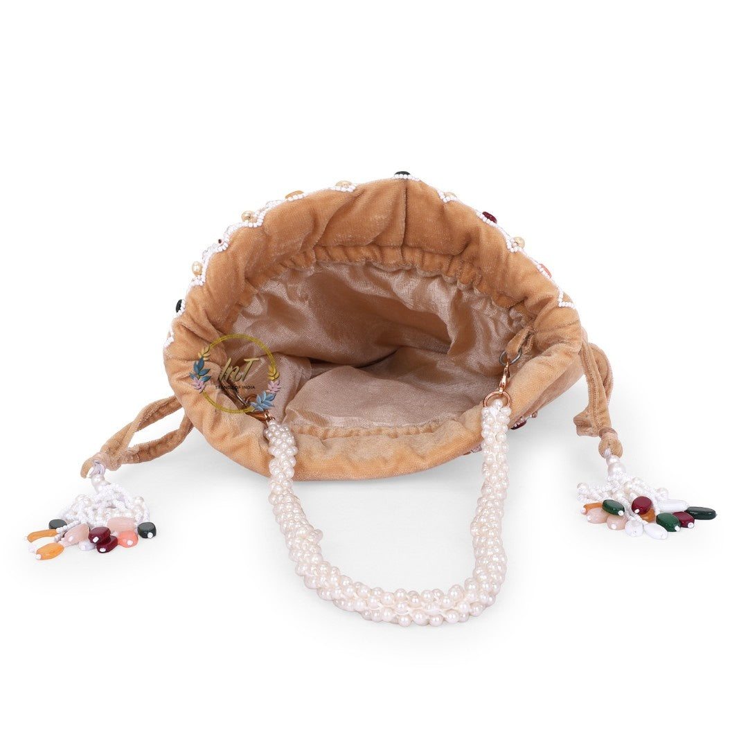Golden Embroidered Velvet Potli Bag for Party & Traditional Wear