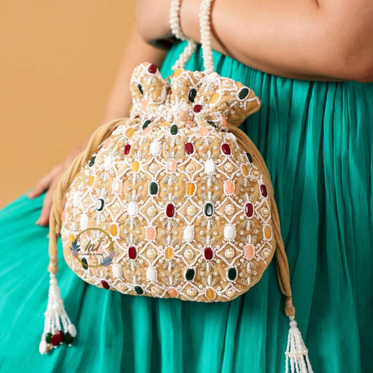 Golden Embroidered Velvet Potli Bag for Party & Traditional Wear