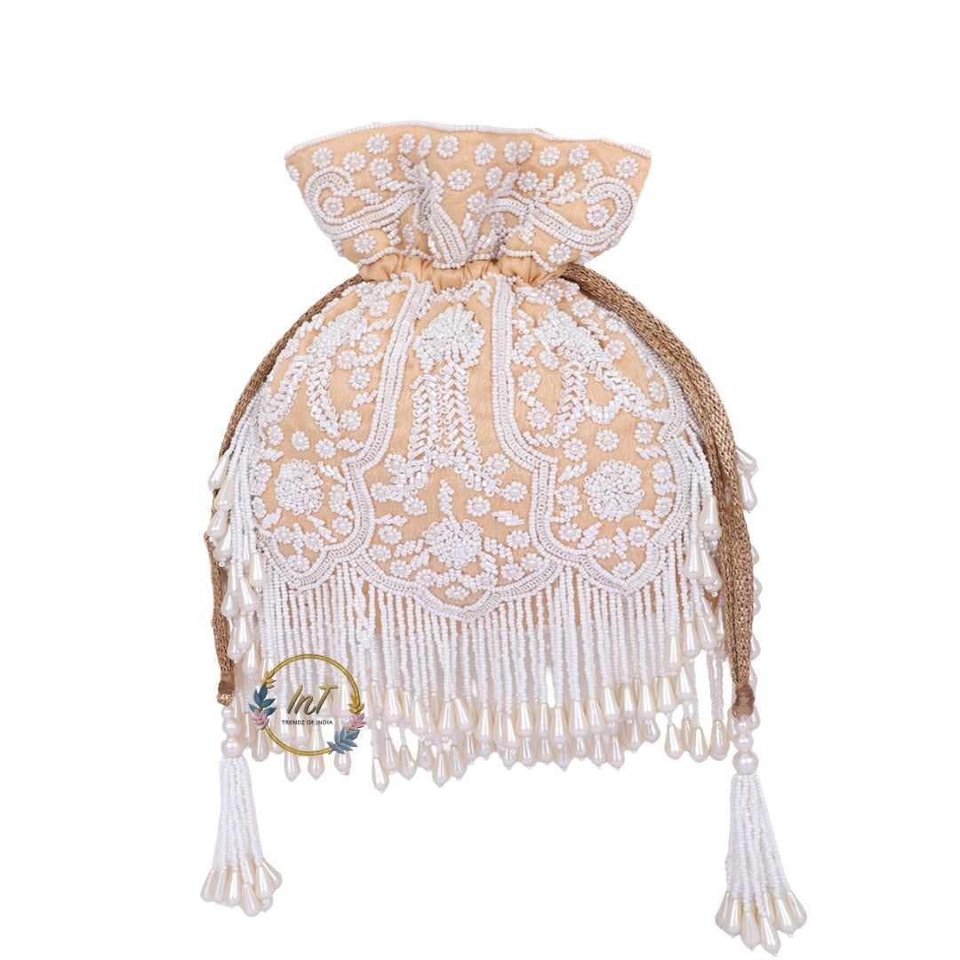 Golden Pearl Embroidery Potli Bag for Women
