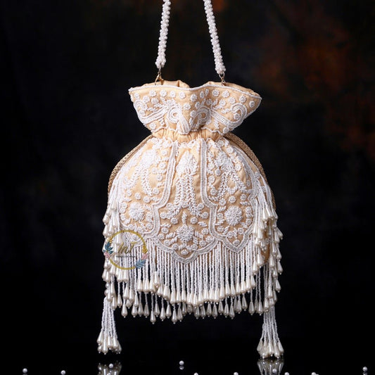 Golden Pearl Embroidery Potli Bag for Women