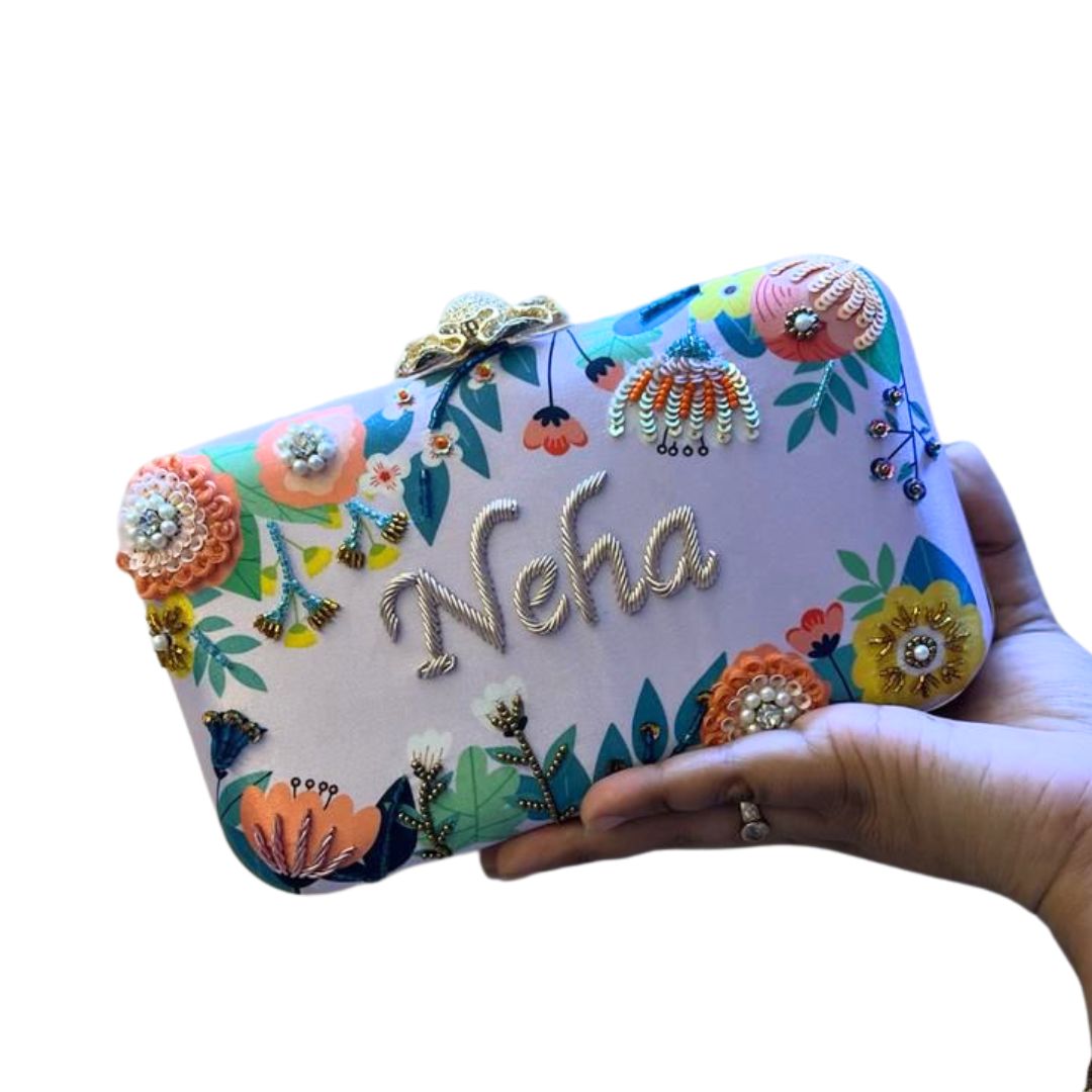 Customized Purple Embroidery Name Highlight Party Clutch