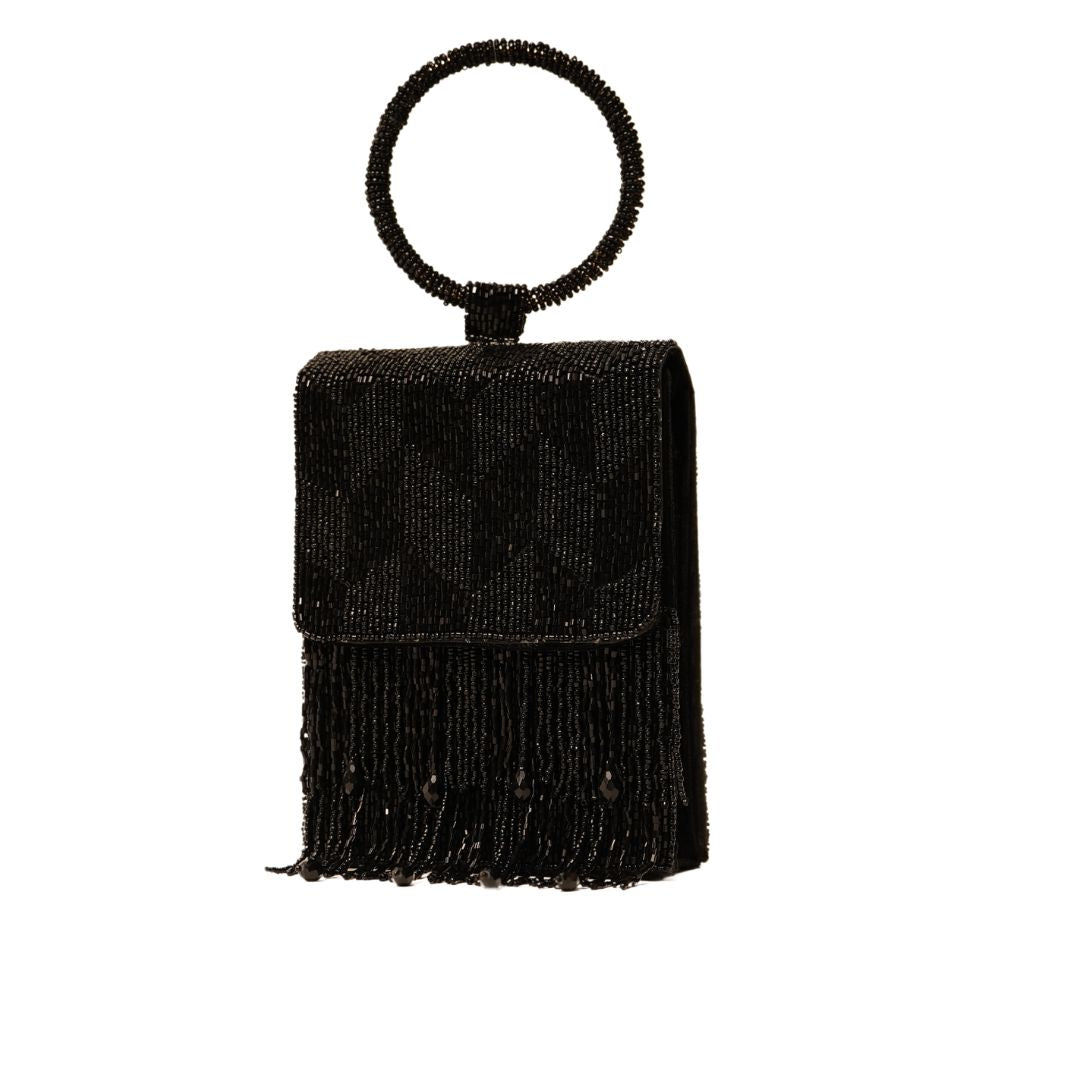 Black Vertical Embroidery Flap HandBag with Ring Handle