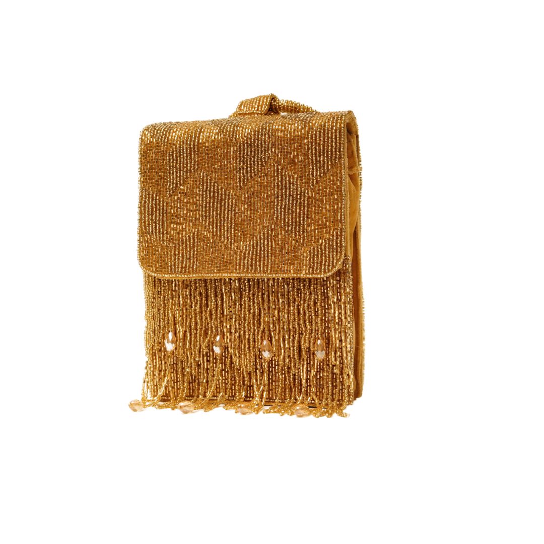 Golden Vertical Embroidery Flap HandBag with Ring Handle