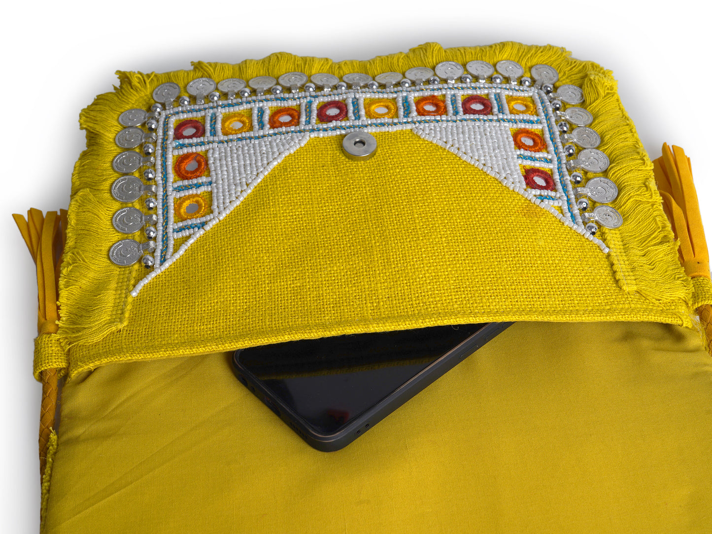 Yellow Coin Mirror Banjara Bag – Boho Clutch, Beaded Bohemian Purse with Tassels & Embroidery