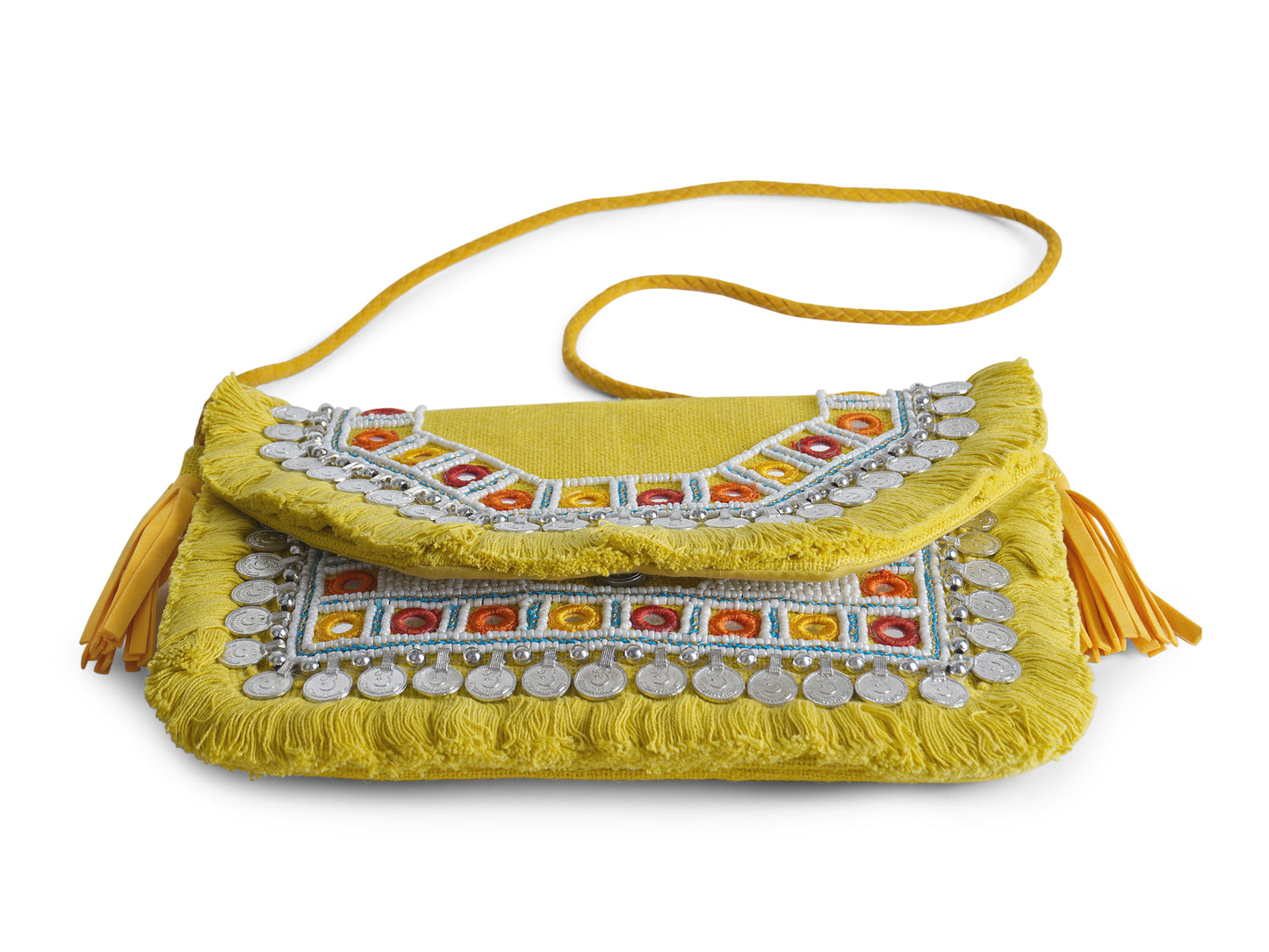 Yellow Coin Mirror Banjara Bag – Boho Clutch, Beaded Bohemian Purse with Tassels & Embroidery
