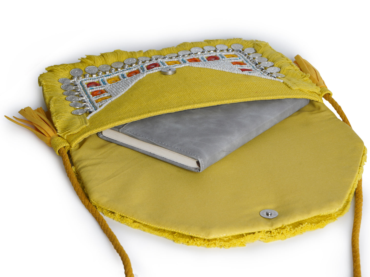 Yellow Coin Mirror Banjara Bag – Boho Clutch, Beaded Bohemian Purse with Tassels & Embroidery