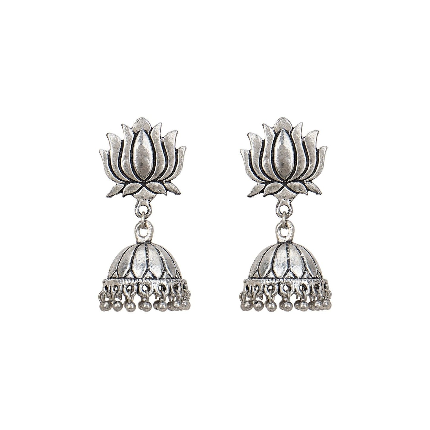 Oxidised Silver Lotus Jhumka Earrings for Women