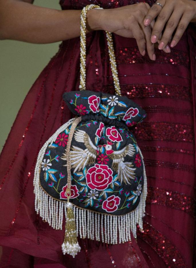 Black Embroidered Silk Tassel Party Potli for Women