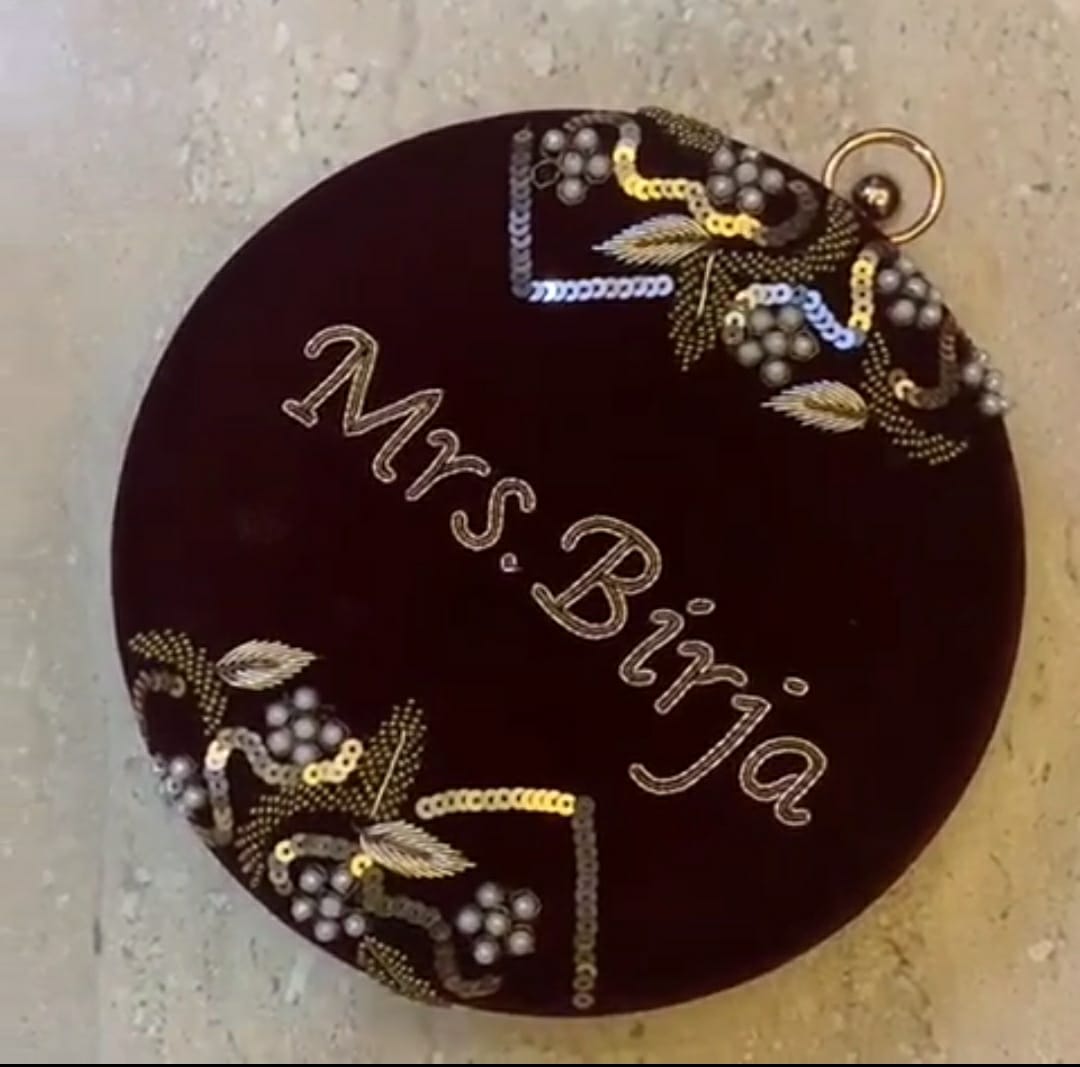 Velvet Hand Embroidered Customised Name Clutch Bag for Women