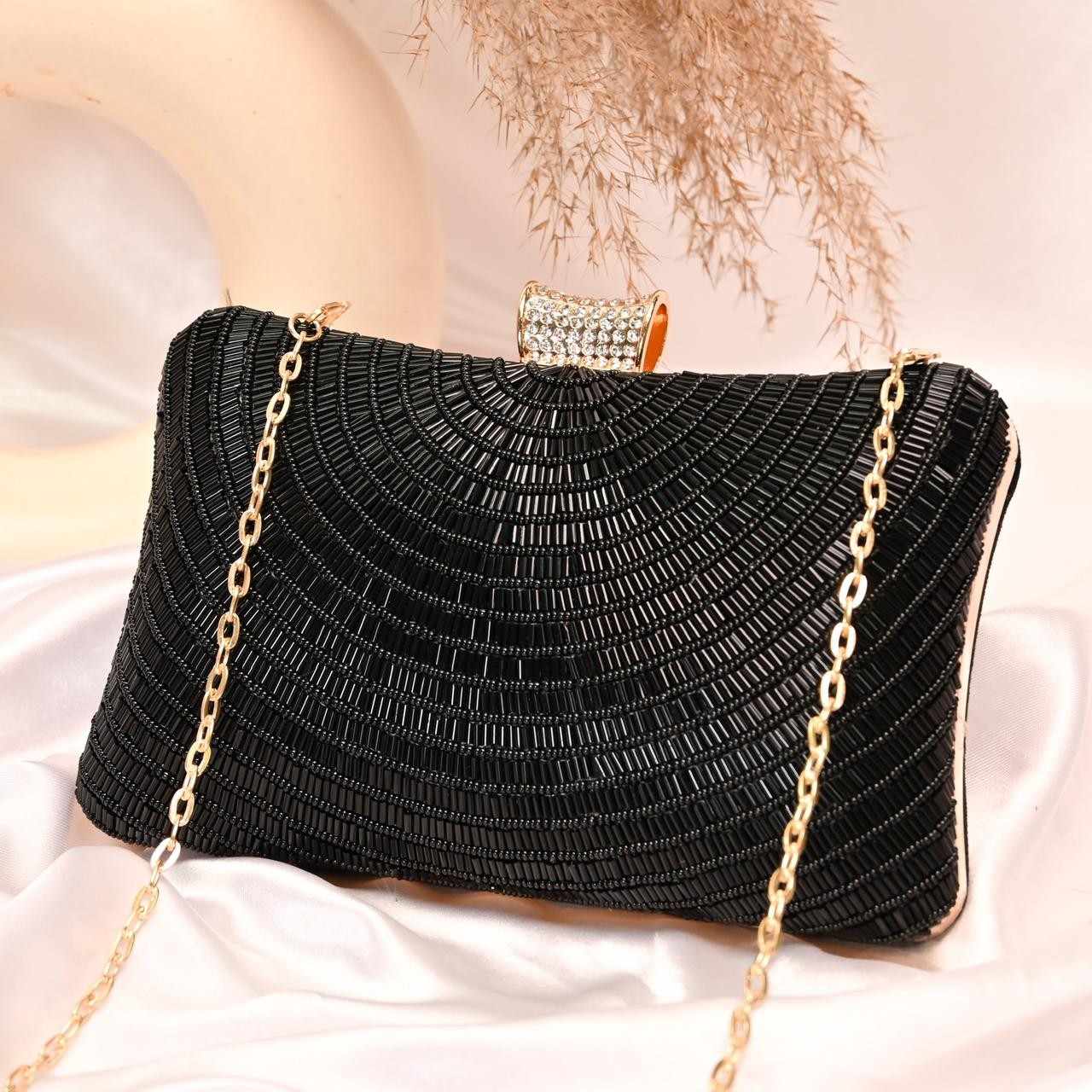 Black Bead Embroidery Party Clutch Bag for Women