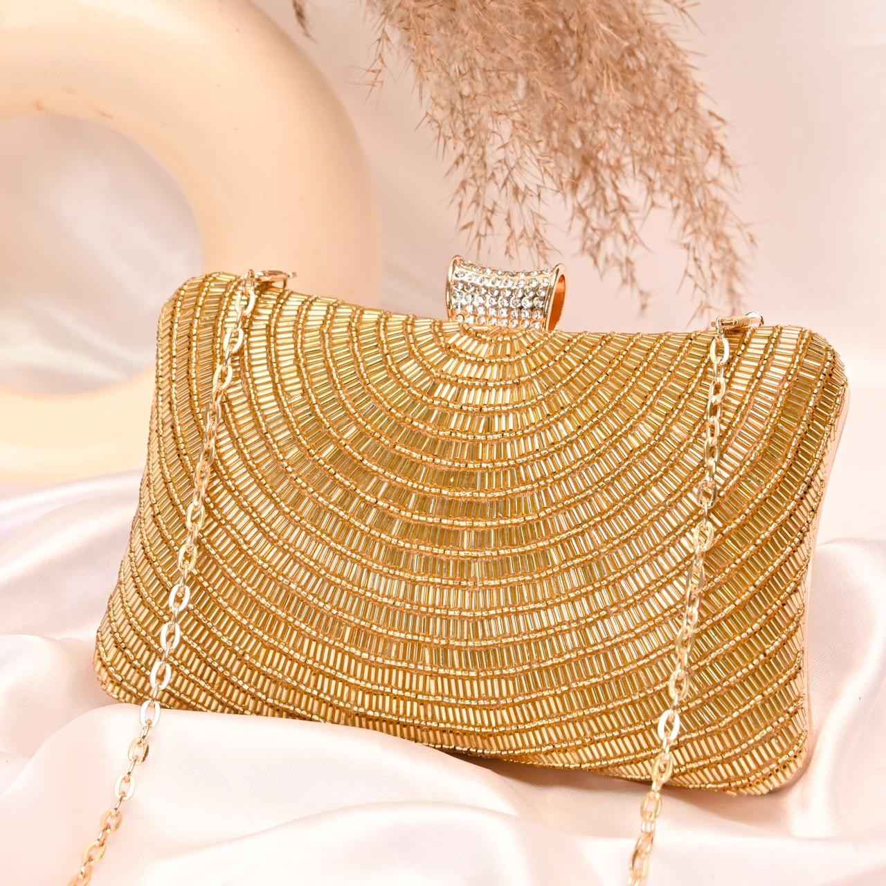 Golden Bead Embroidery Party Clutch Bag for Women