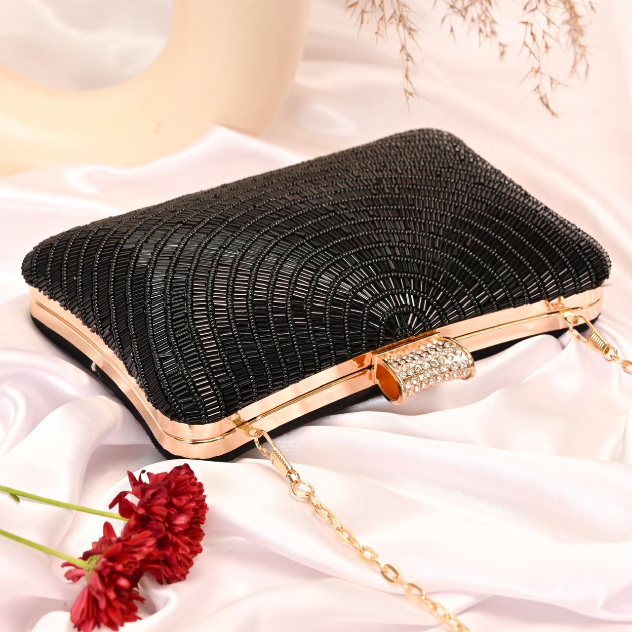 Black Bead Embroidery Party Clutch Bag for Women