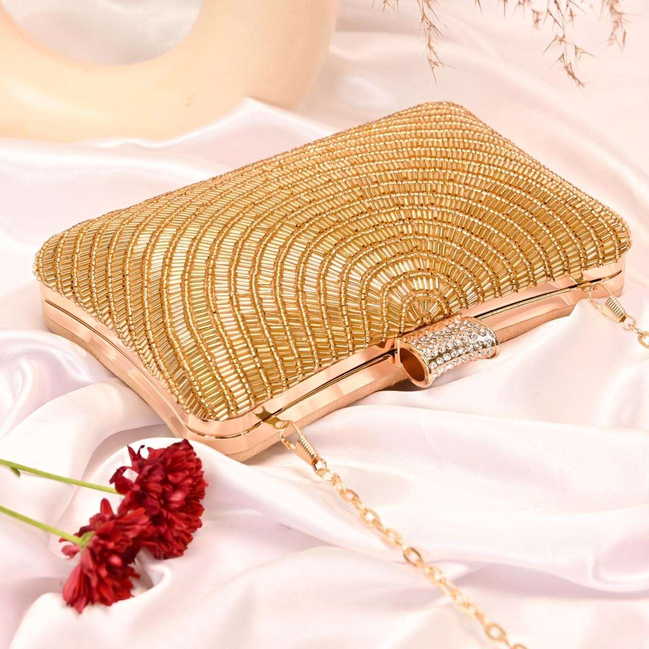 Golden Bead Embroidery Party Clutch Bag for Women