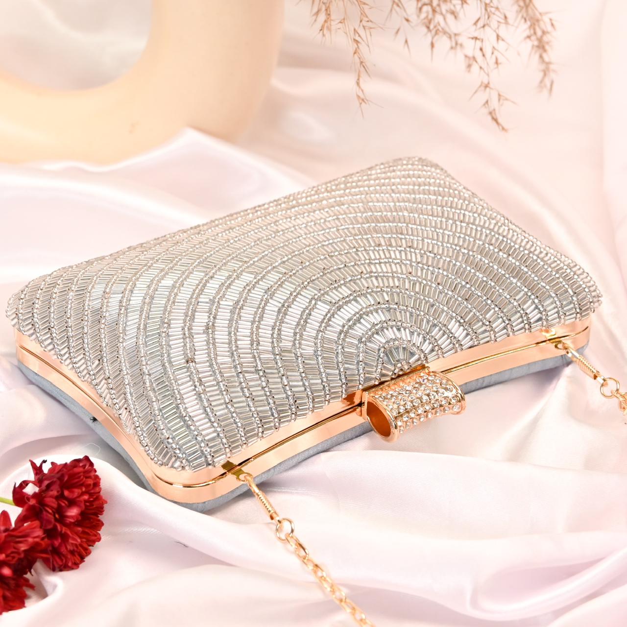 Silver Bead Embroidery Party Clutch Bag for Women