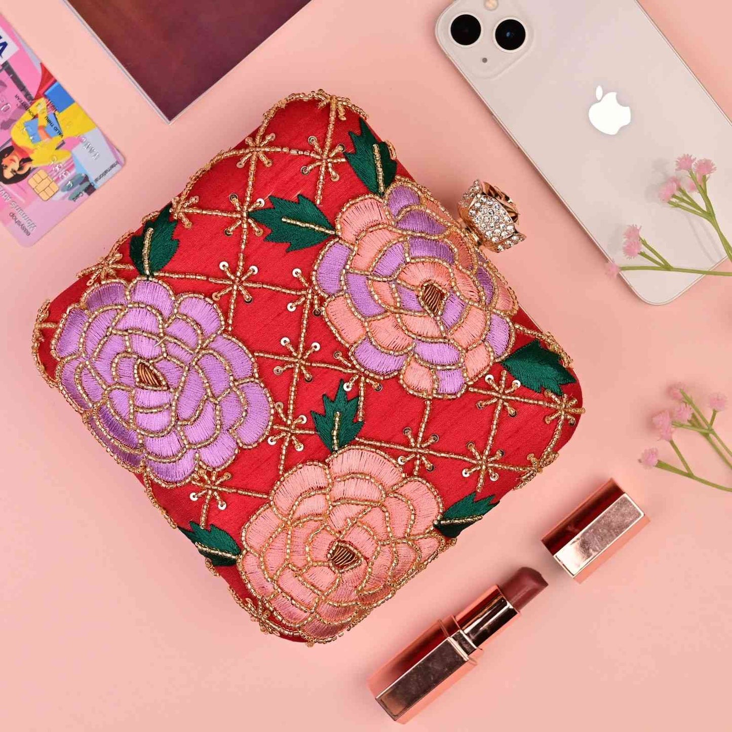 Designer Red Floral Embroidered Box Clutch Bag