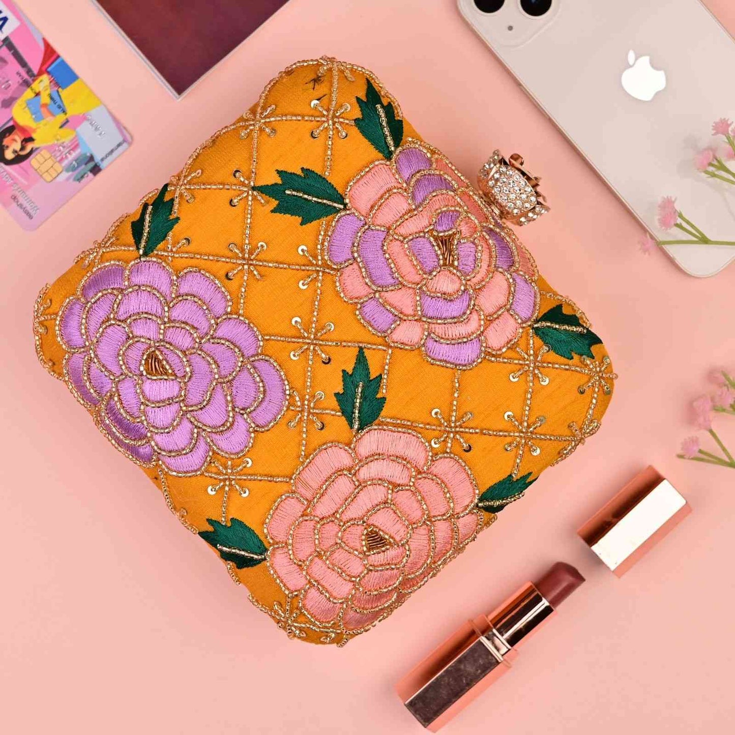 Designer Yellow Floral Embroidered Box Clutch Bag