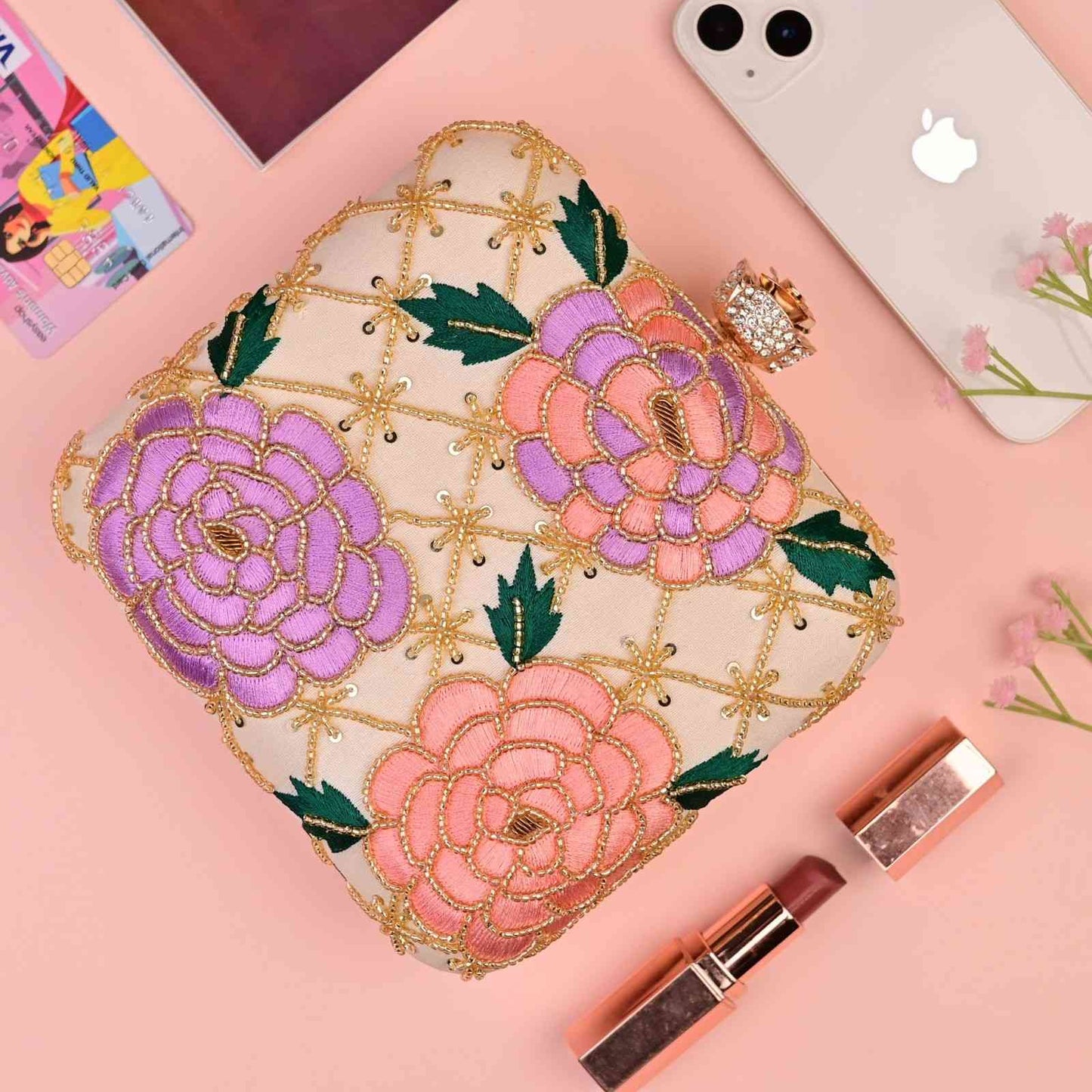 Designer Cream Embroidered Box Clutch Bag