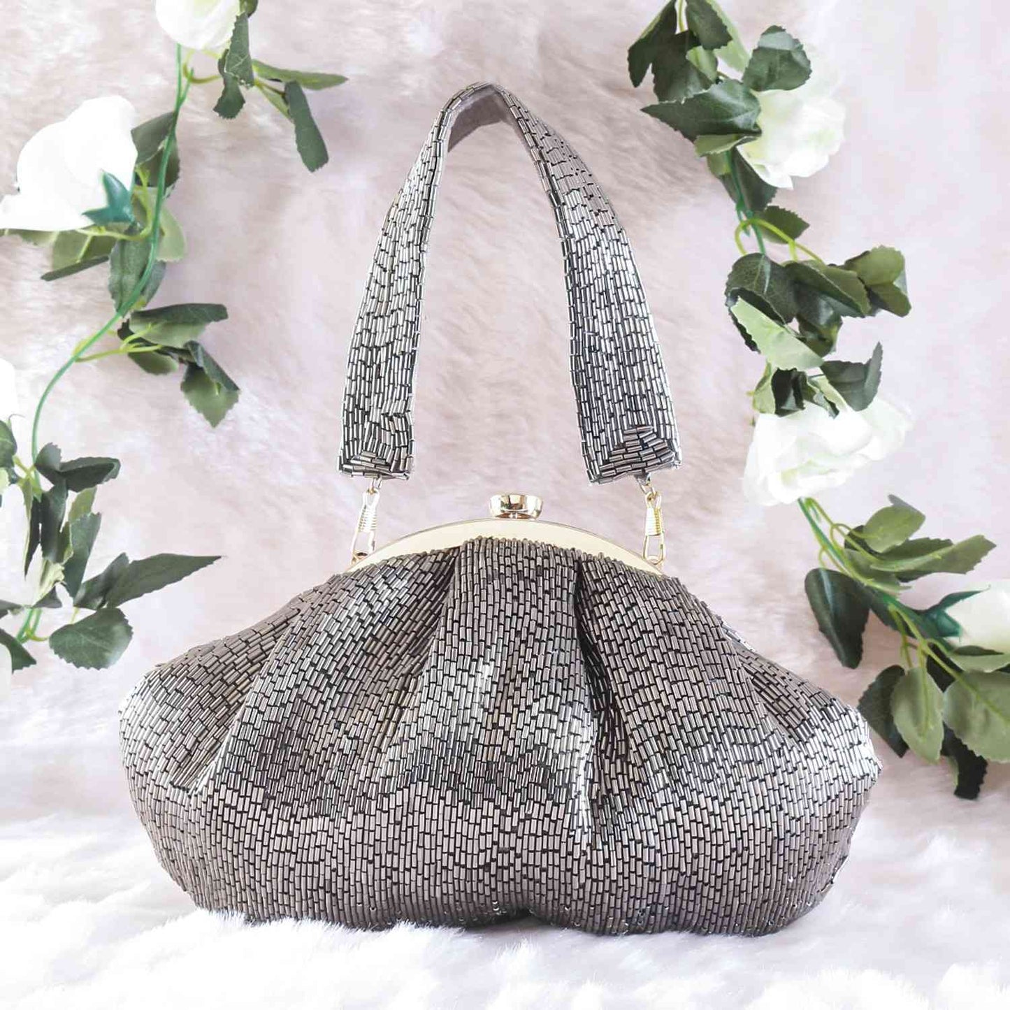 Soft Embroidery Silver Bead Pouch Bag with Handle