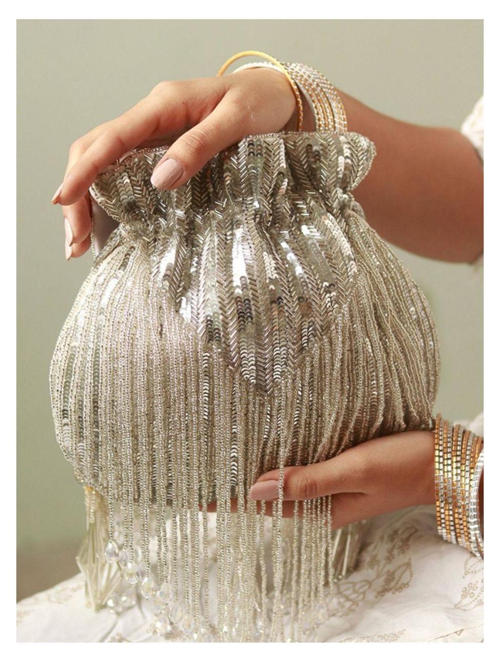 Silver Bead Tassel Potli Bag for Evening Party