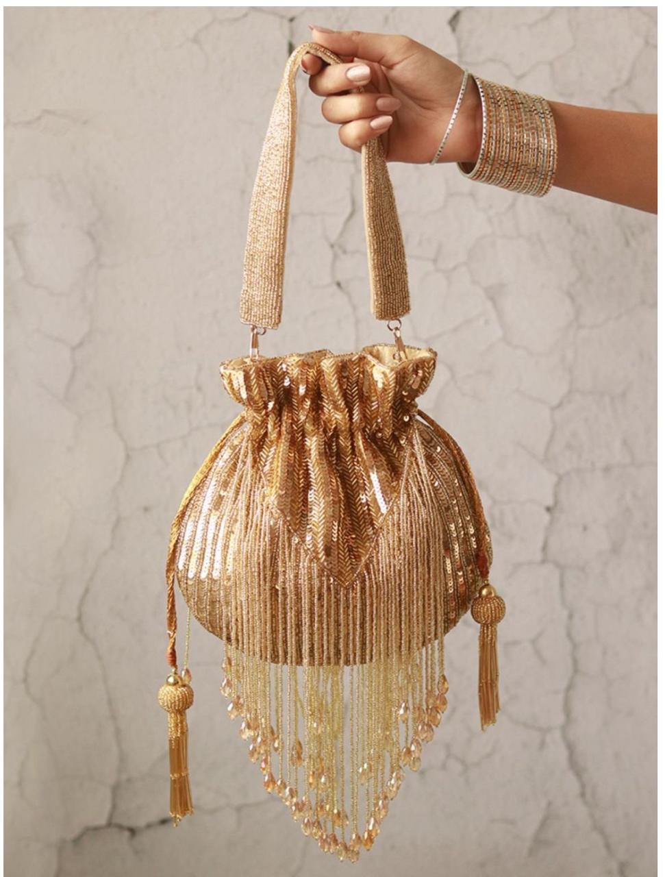 Golden Embroidery Women Party Potli Bag