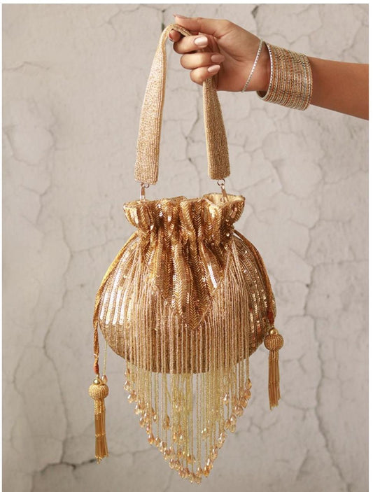 Golden Embroidery Women Party Potli Bag