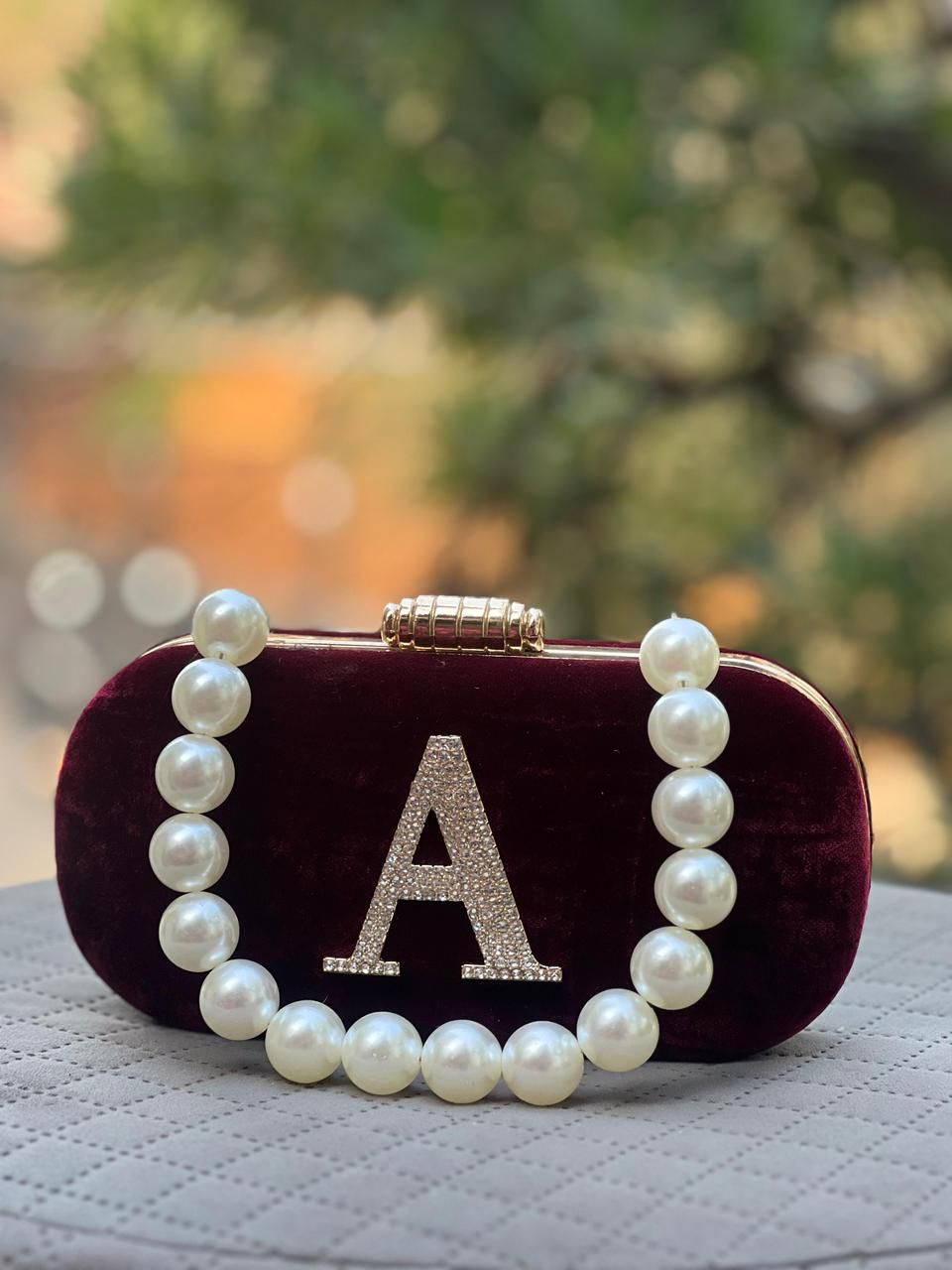 Customizable Velvet Clutch Bag with Pearl Handle & Rhinestone Initial