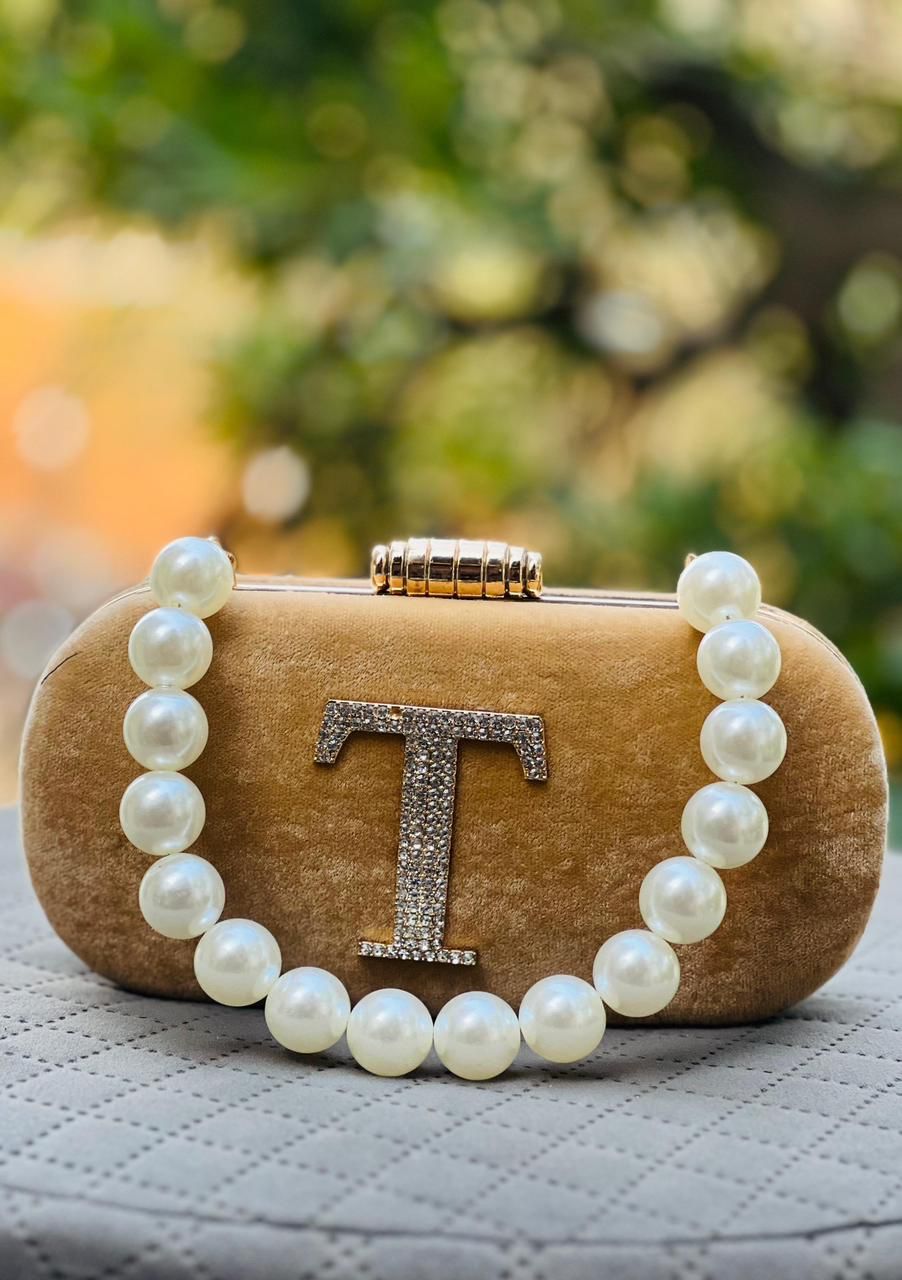 Customizable Velvet Clutch Bag with Pearl Handle & Rhinestone Initial