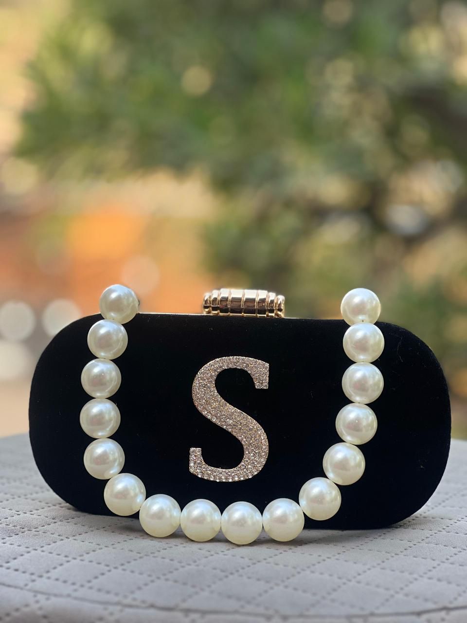 Customizable Velvet Clutch Bag with Pearl Handle & Rhinestone Initial