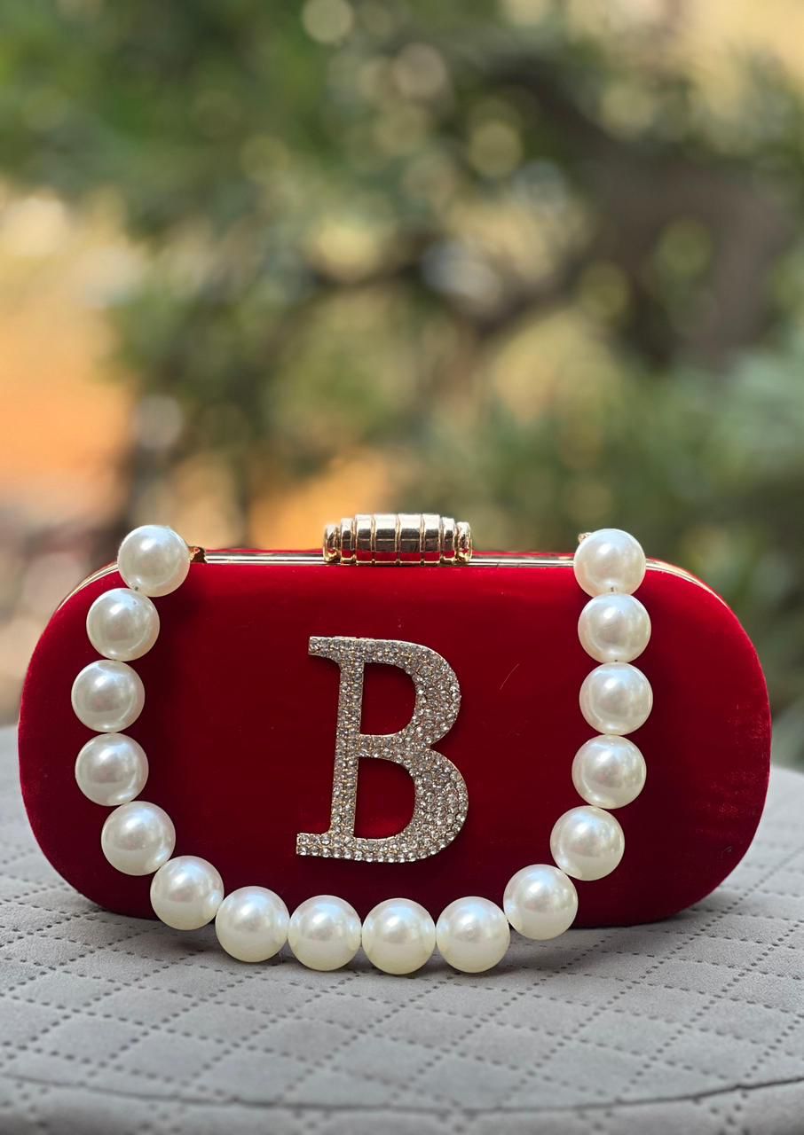 Customizable Velvet Clutch Bag with Pearl Handle & Rhinestone Initial