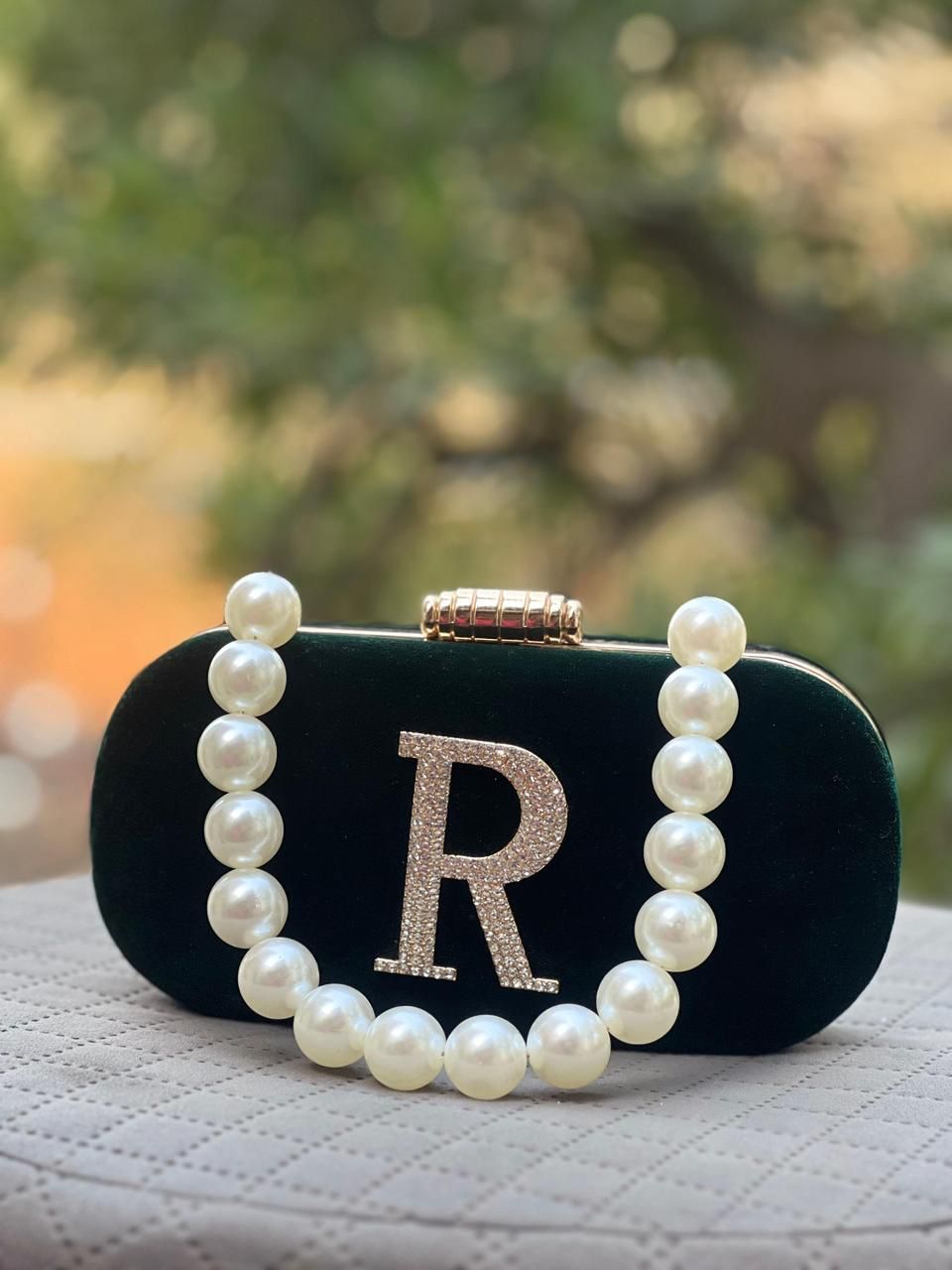 Customizable Velvet Clutch Bag with Pearl Handle & Rhinestone Initial