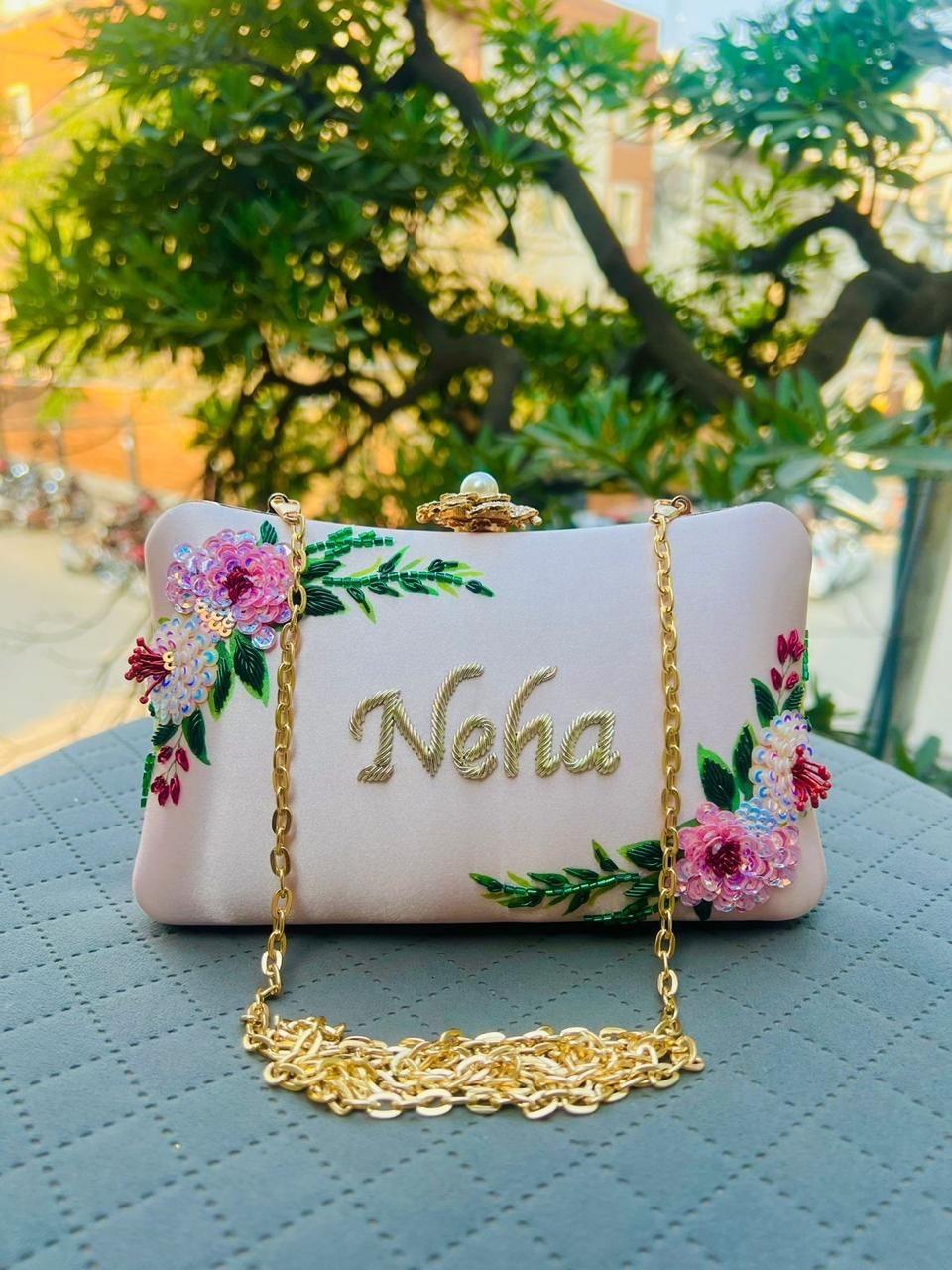 Customised Embroidered Name Clutch Bag – Personalized Floral Purse with Chain