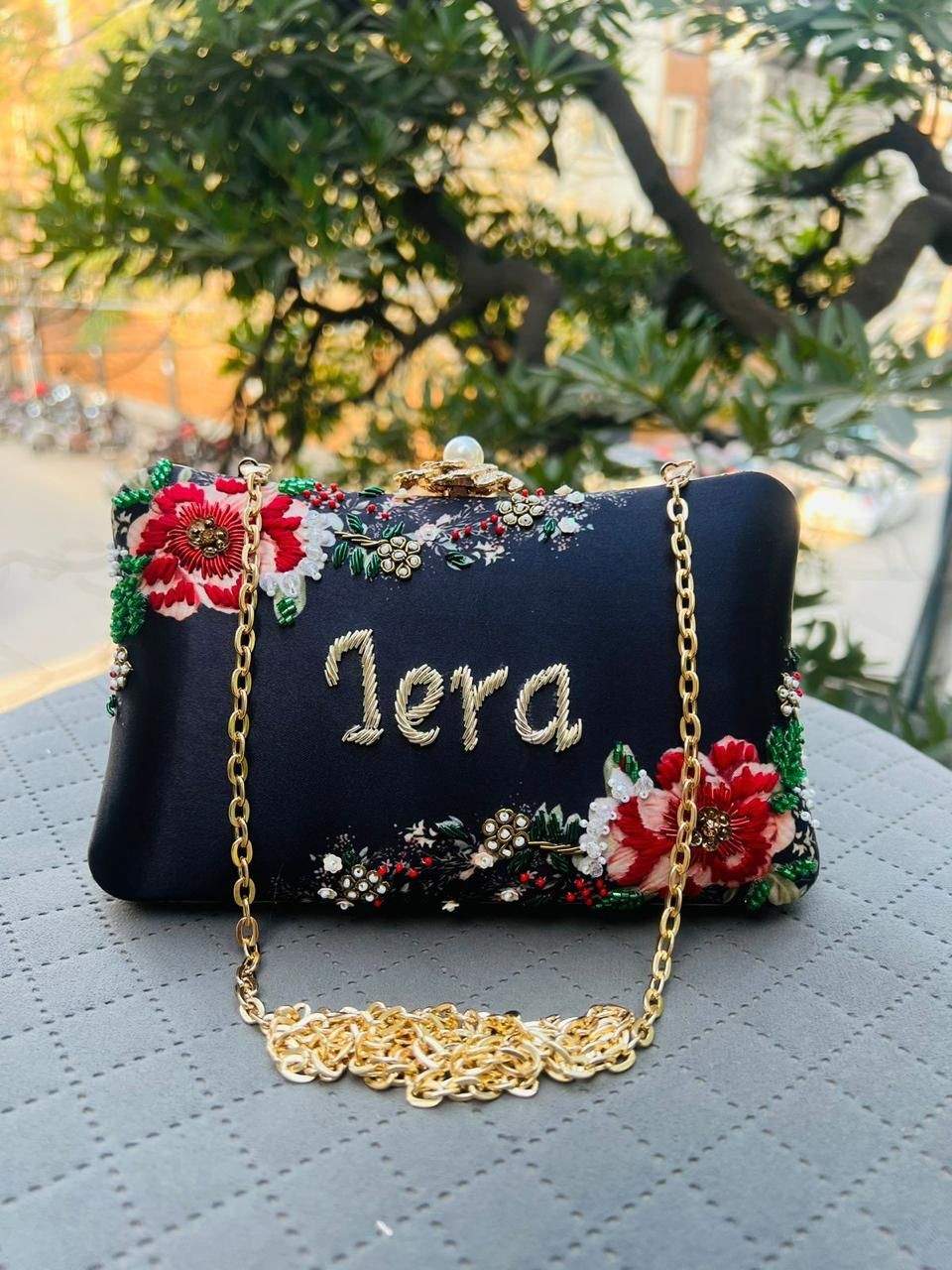 Customised Embroidered Name Clutch Bag – Personalized Floral Purse with Chain
