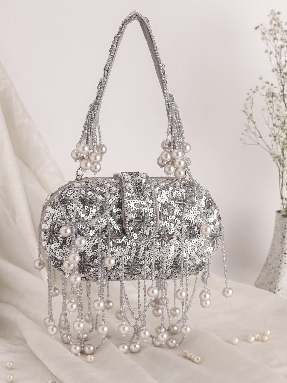 Silver Bead Embroidery Party Clutch Bag for Women