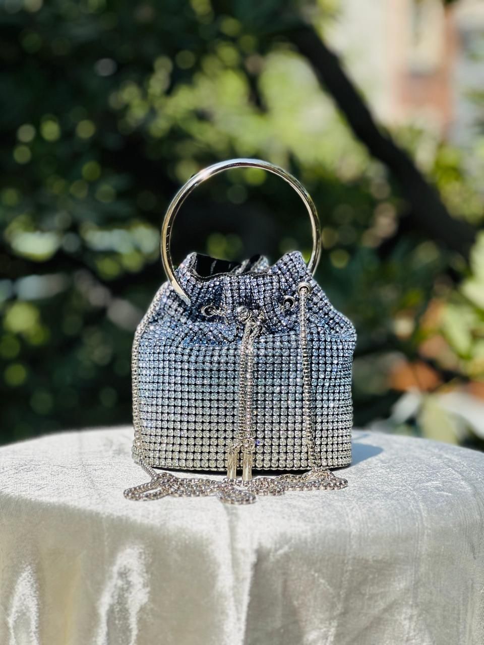 Blue Silver Rhinestone Ring Handle Party Bag for Women