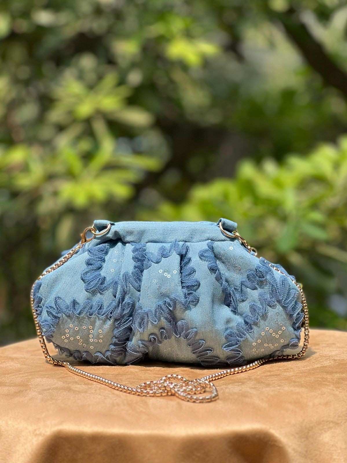 Ruche Denim Batua Clutch Bag with Sling for Women