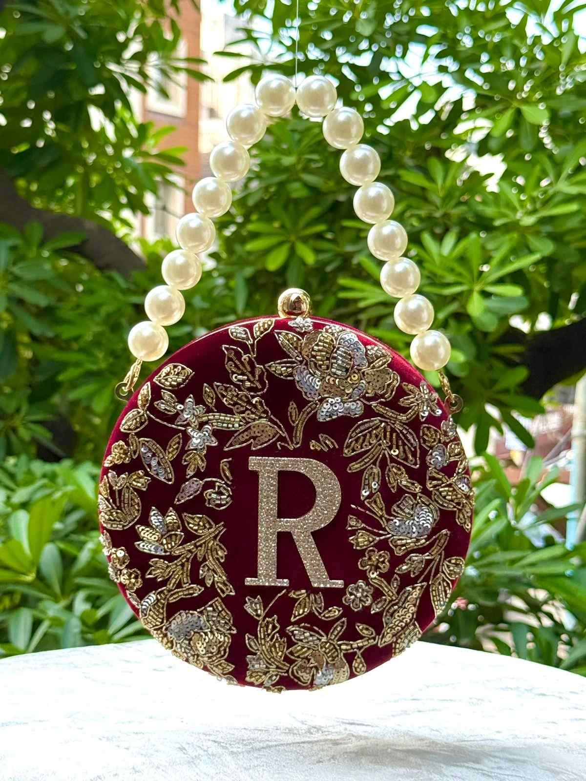 Customize Velvet Clutch Bag with Pearl Handle & Rhinestone Initial
