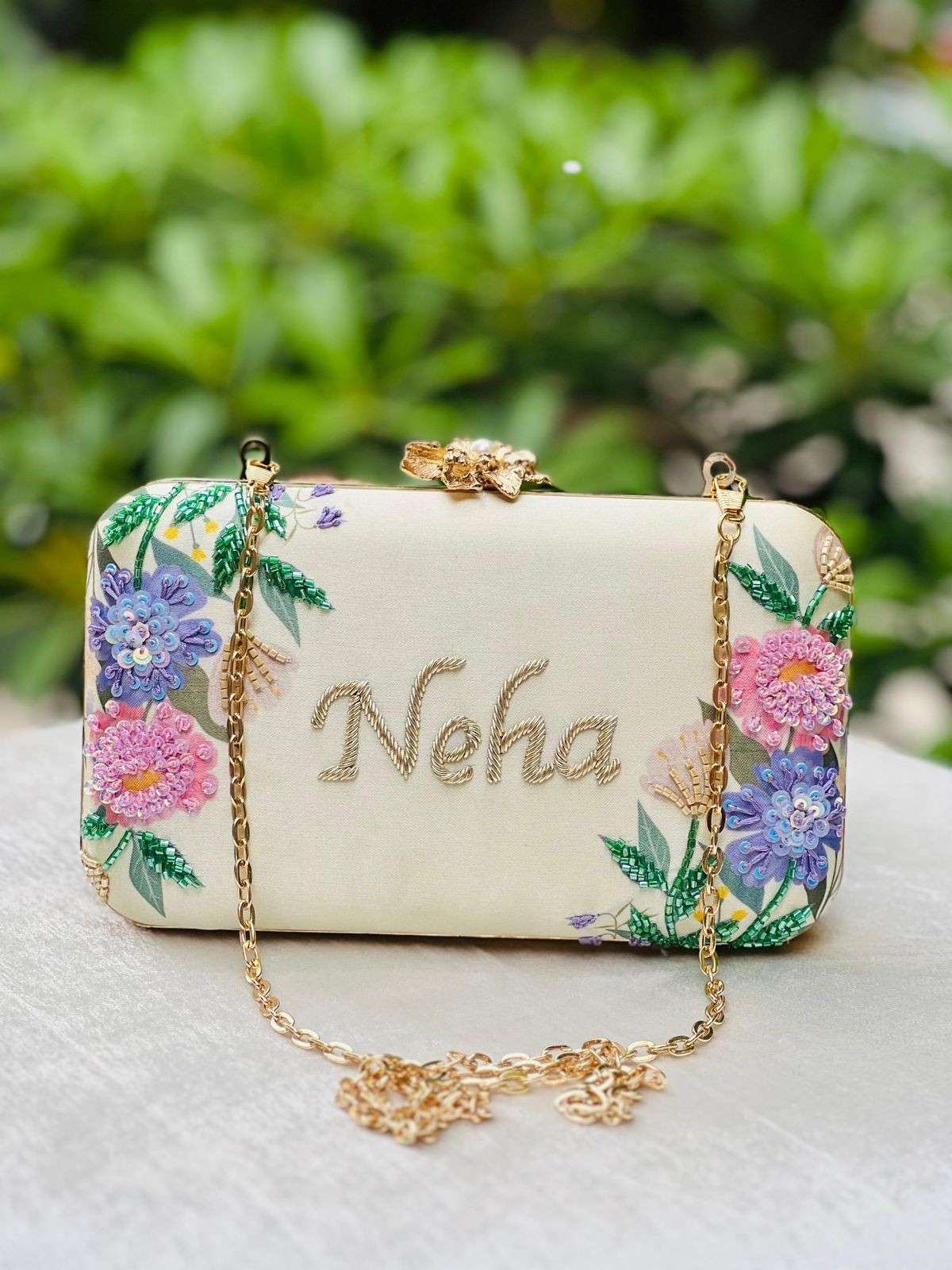 Embroidered Custom Name Clutch Purse – Handmade Floral Design Bag for Girls & Women