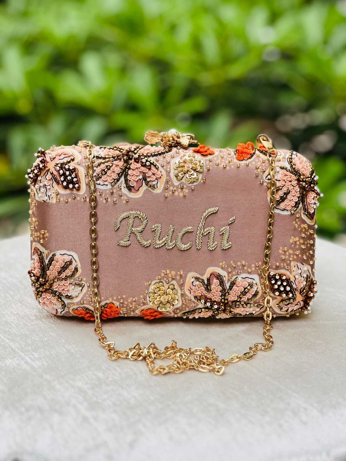 Personalized Name Embroidered Clutch – Custom Floral Purse with Gold Chain for Women