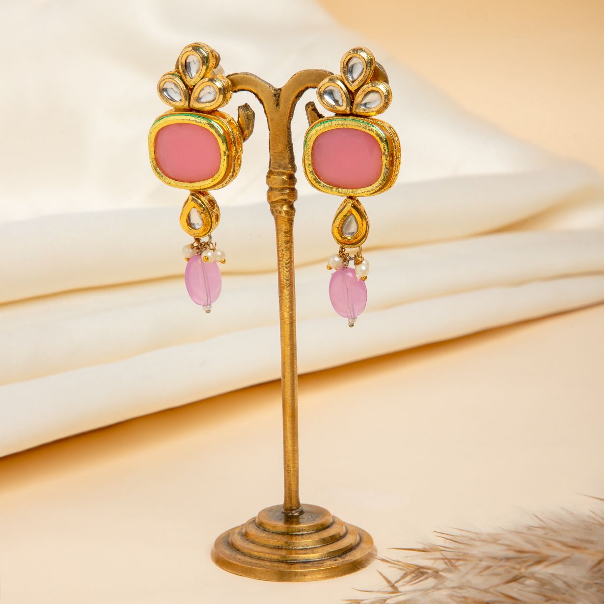 Pink Kundan Drop Earring for Traditional Wear