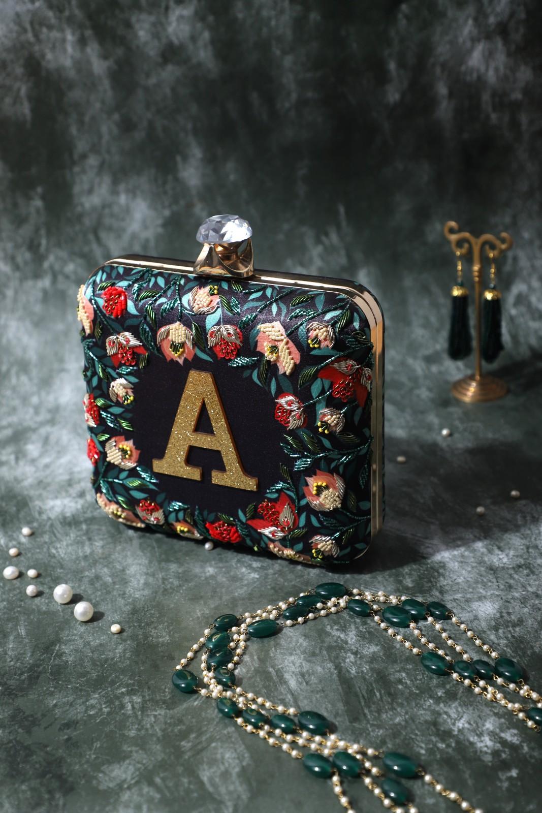 Customised Floral Embroidered Monogram Clutch Bag – Personalised Initial | Rakhi Gift for Sister