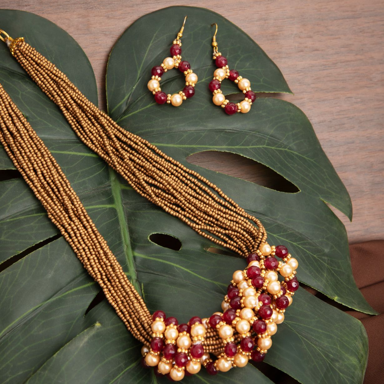 Maroon and Gold Beaded Necklace and Earrings Set