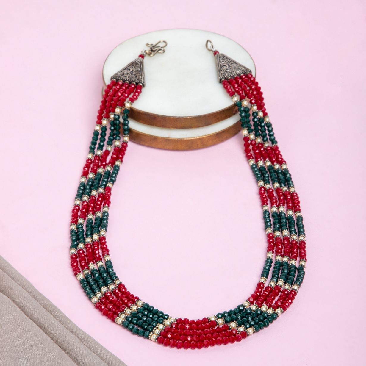 Oxidized Silver Beaded Necklace with Red and Green Glass Beads
